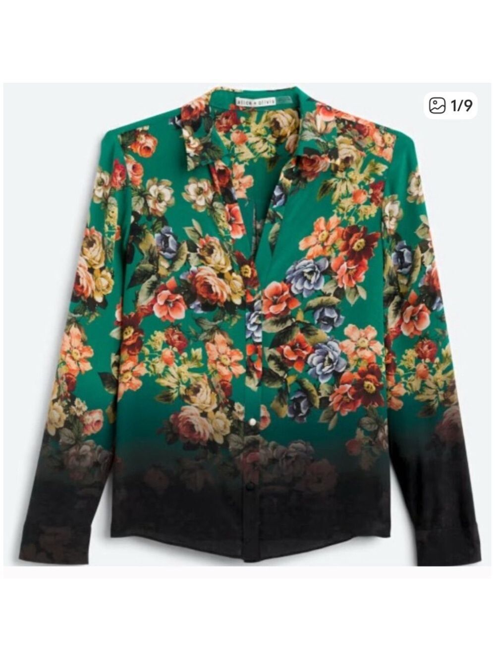 NWT Alice + Olivia L Eloise Green Black Floral Ombre Button Down Shirt L
